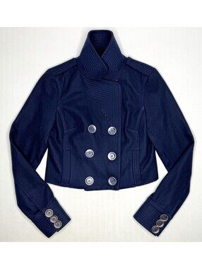 VINTAGE Woman's Guess Large Blue Wool Blend Crop Pea Coat P147